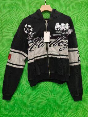 Valley Sports Division Black Grey Distressed Embroidered Zip Up Hoodie Unisex S